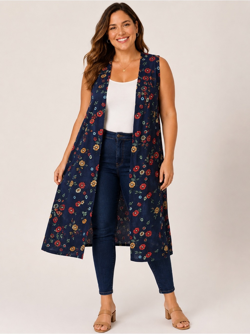 FRUMOS 3XL Navy Floral Long Duster Vest Open Front Boho Cardigan USA